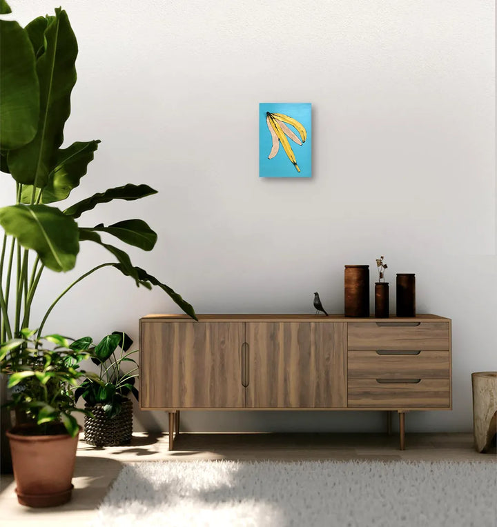 レザーのコラージュアート（バナナの皮）革 A4サイズ 木製パネル／HELI