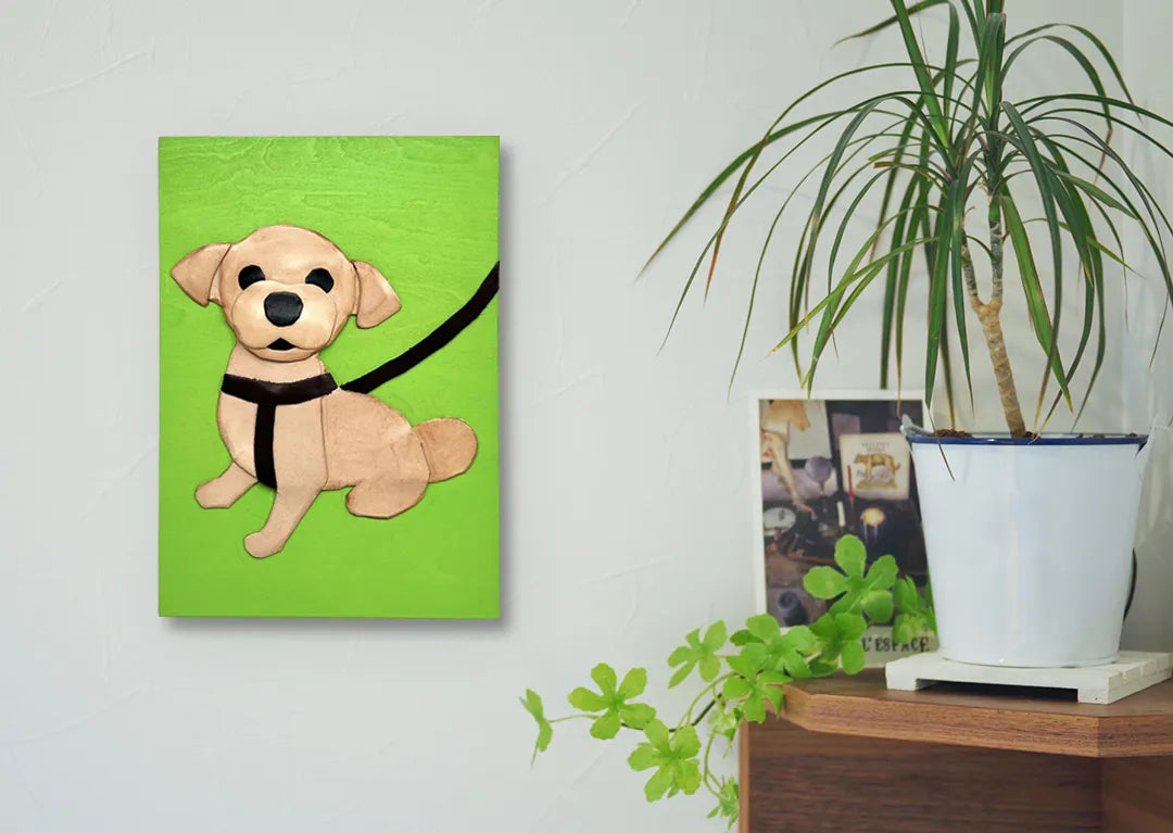 レザーのコラージュアート（SMALL DOG） 革 A5サイズ 木製パネル 一点