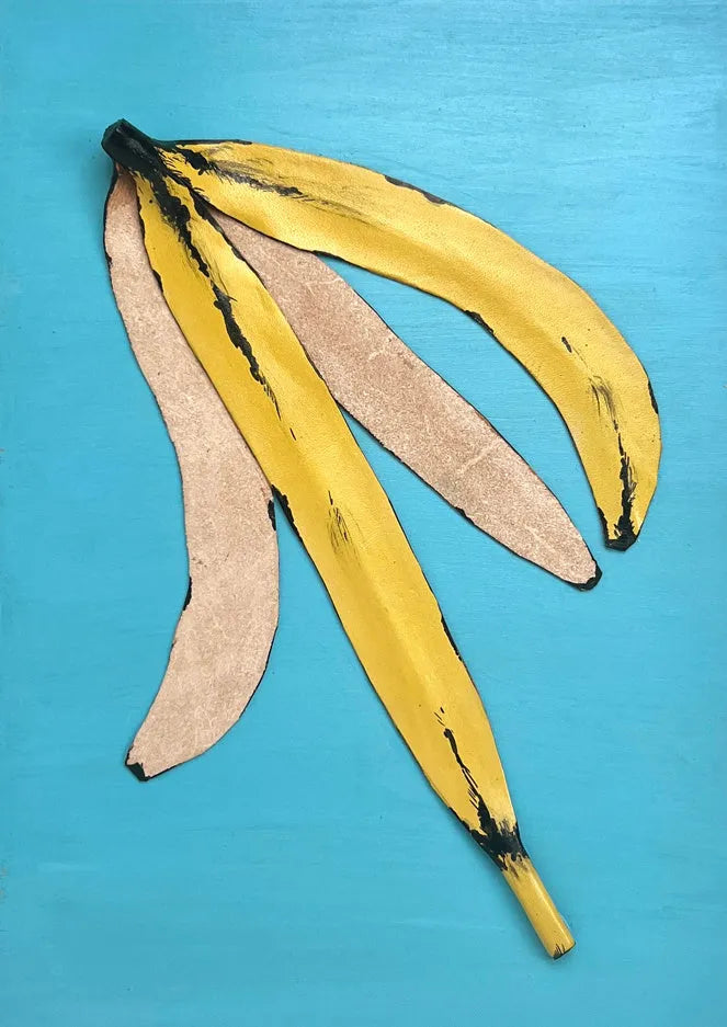 レザーのコラージュアート（バナナの皮）革 A4サイズ 木製パネル／HELI