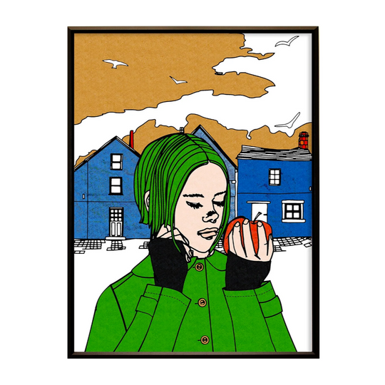 リンゴとグリーンコートの少女