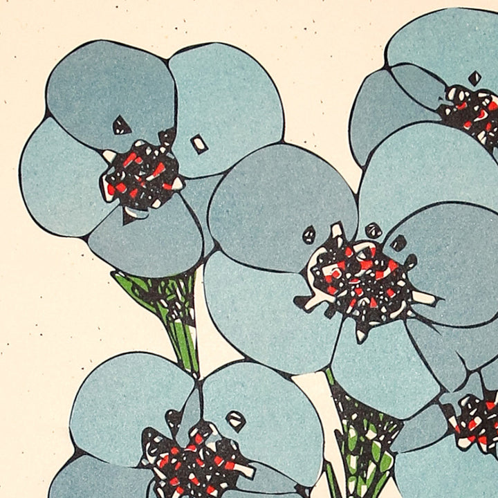 【手描き】新品未使用　未仕立て　水色　ハーブの花を手描き　 作家もの 手摺木版画・L】湧水庭園と花菖蒲（幅200mm、高さ350mm）《絵画本体