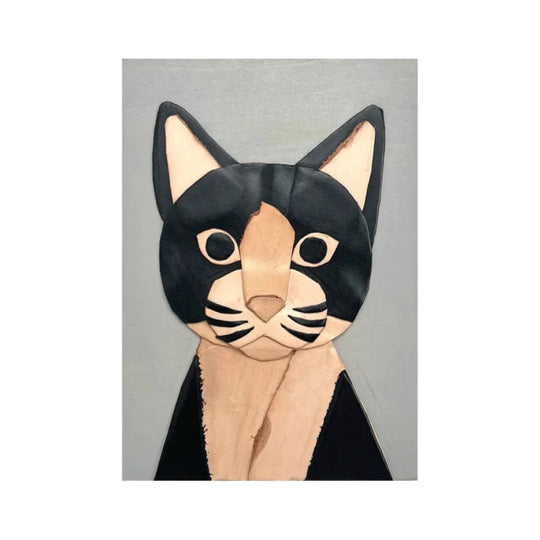 レザーのコラージュアート（ハチワレ猫） 革 A5サイズ 木製パネル 一点物