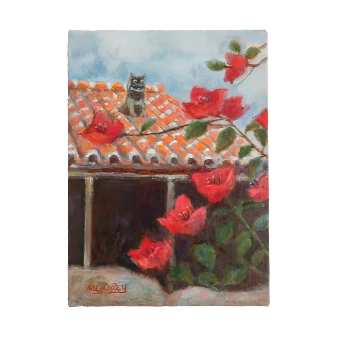 【絵画】ボタニカルアート「ブーゲンビレア」　原画 ブーゲンビリアとシーサー(石垣・武富島)／山口ミドリ｜アート絵画