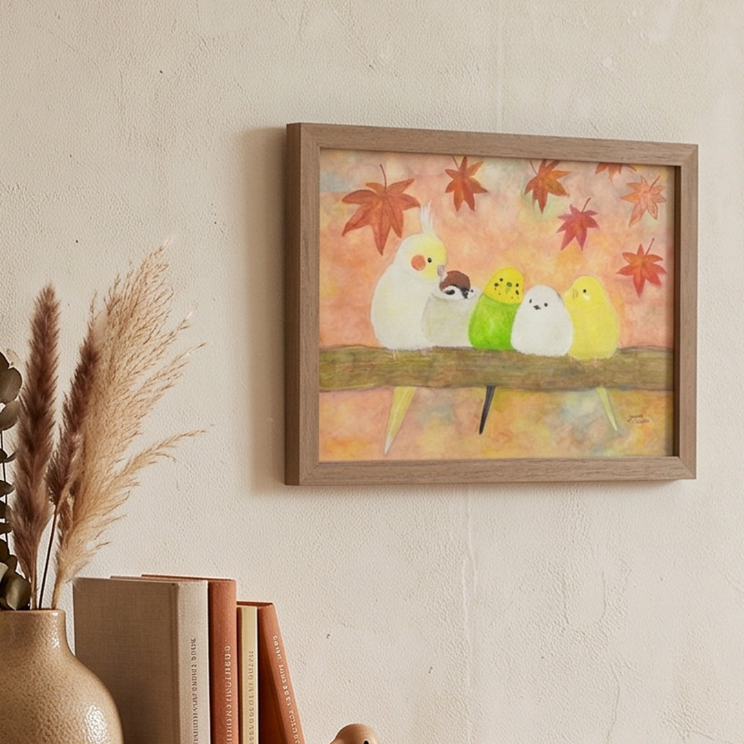 紅葉インコたち／yuuwa sachi｜アート絵画・販売通販WASABI(ワサビ)
