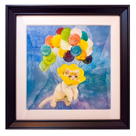 風船と猫　何が起こっているか理解していない