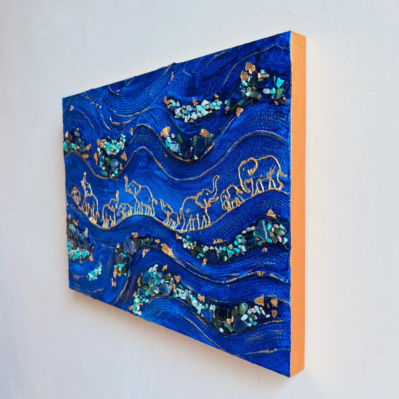 【真作】絵画　油彩（色紙）　青の水中に遊ぶ魚群　躍動感あふれる抽象絵画　A180 黄金の絆、蒼い風／カスミラン｜アート絵画・販売通販WASABI(ワサビ)