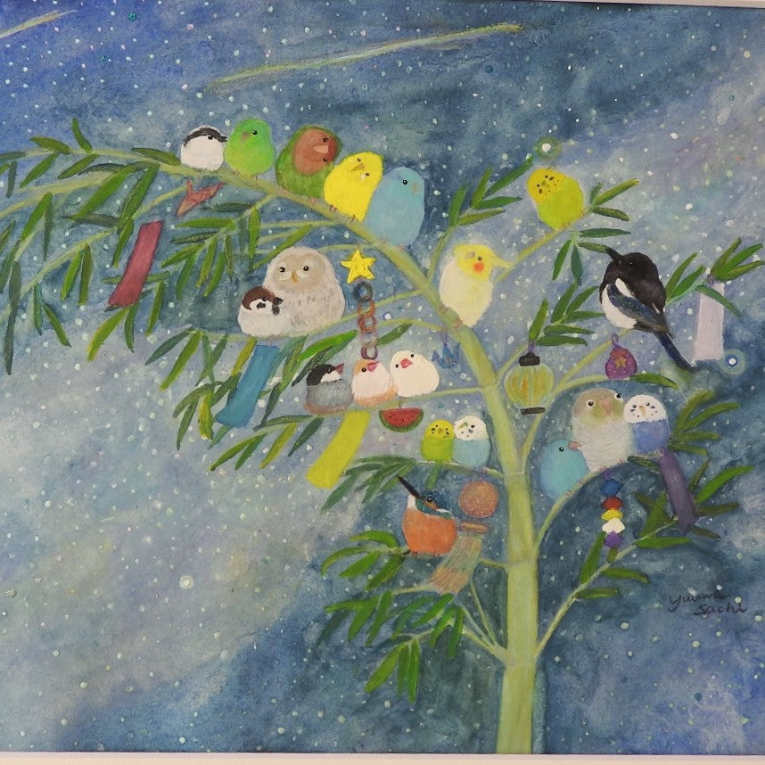 七夕インコたち／yuuwa sachi｜アート絵画・販売通販WASABI(ワサビ)