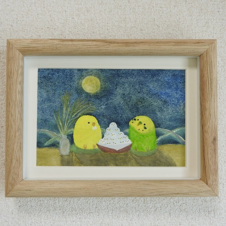 お月見インコたち／yuuwa sachi｜アート絵画・販売通販WASABI(ワサビ)