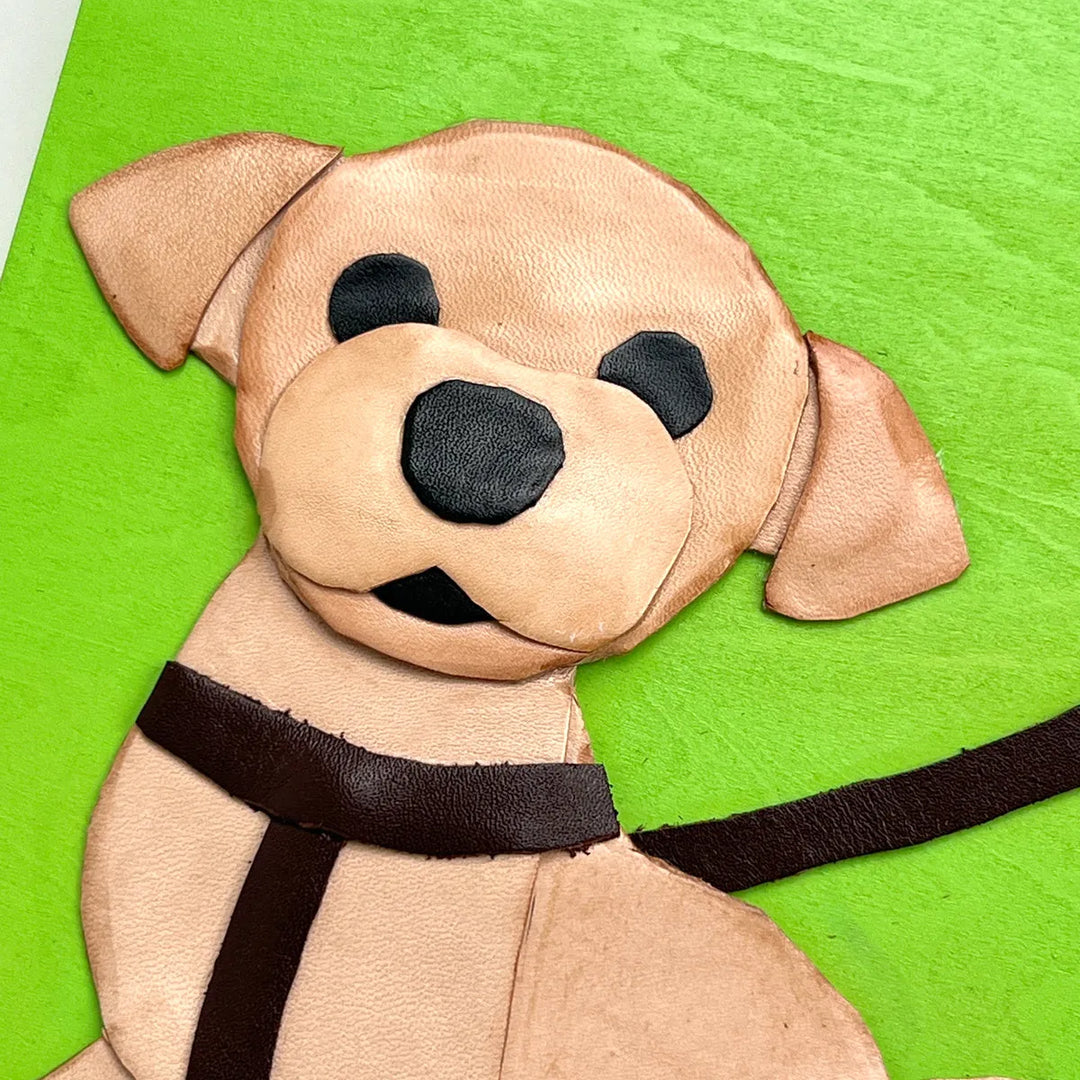レザーのコラージュアート（SMALL DOG） 革 A5サイズ 木製パネル 一点