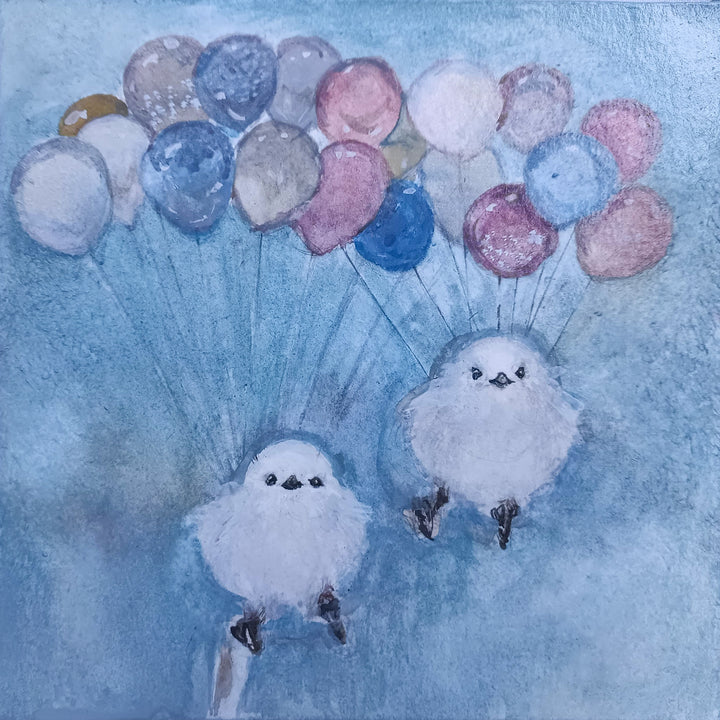 風船とシマエナガ／MiuMiu｜アート絵画・販売通販WASABI(ワサビ)