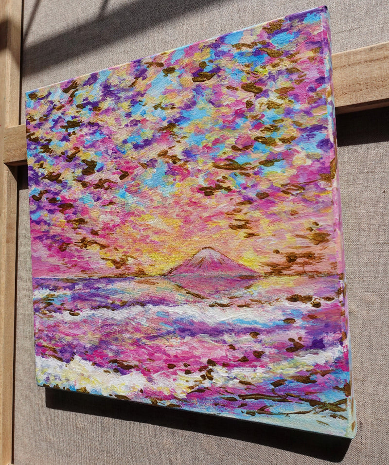 ピンクの空と富士山のある絵