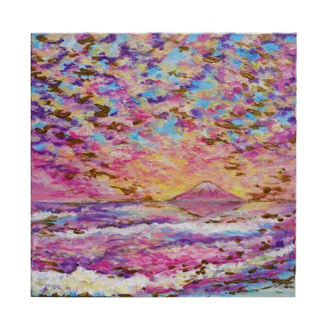 ピンクの空と富士山のある絵