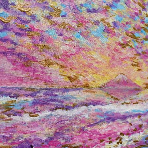 ピンクの空と富士山のある絵