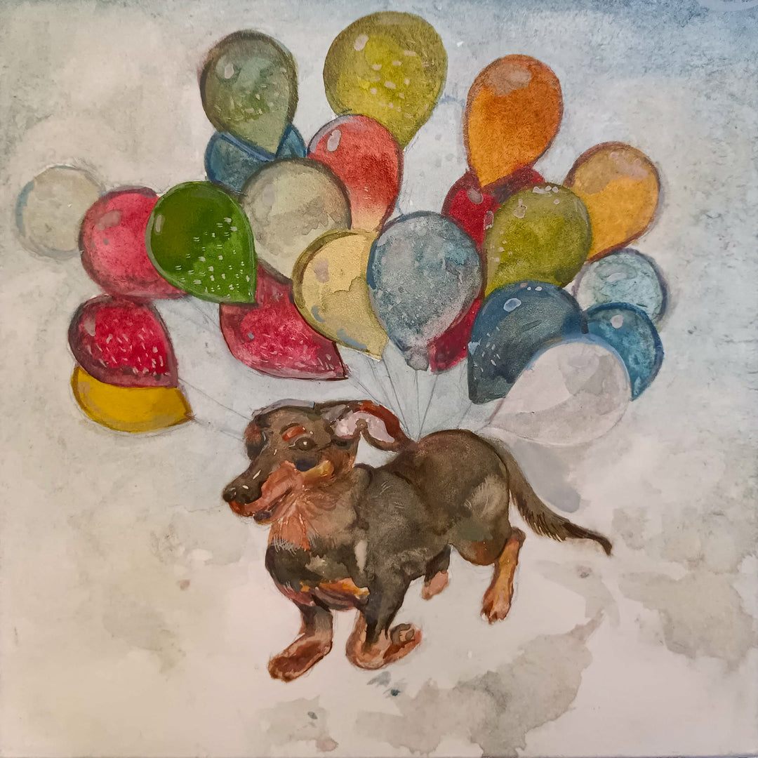 水色/風船と犬／MiuMiu｜アート絵画・販売通販WASABI(ワサビ)